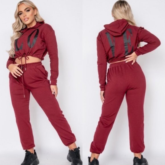 Tops - Burgundy Love Print Long Sleeve Hooded Crop Top and Joggers Pants Two Piece Set